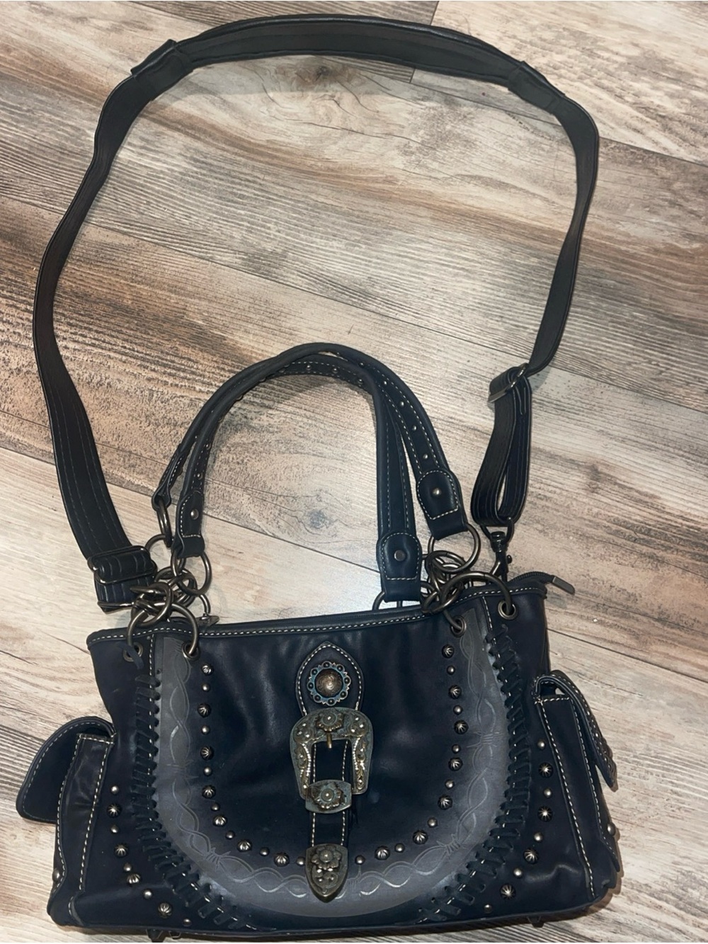 Mountain West Women’s Black Leather Tooled Buckle Shoulder Bag Purse Western